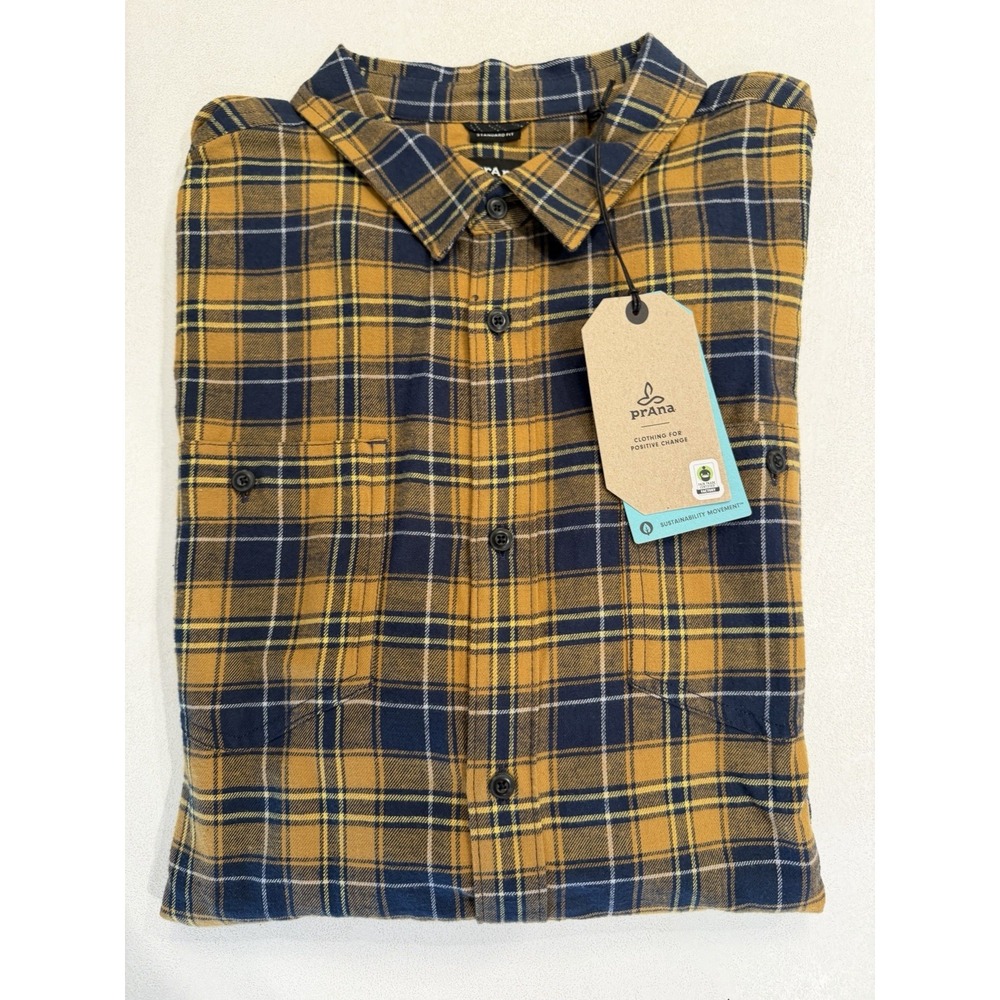 Prana Dolberg Men's Flannel Shirt 2XL Navy & Gold NWT $79 Size XXL